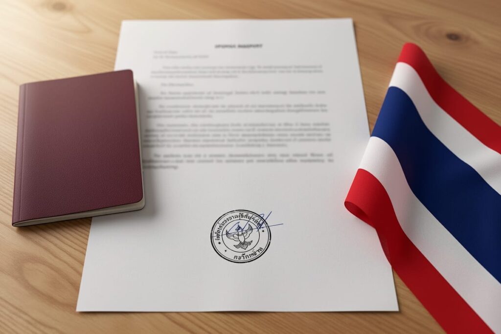 Апостиль в Таиланде — официальный документ со штампом на столе рядом с тайским паспортом