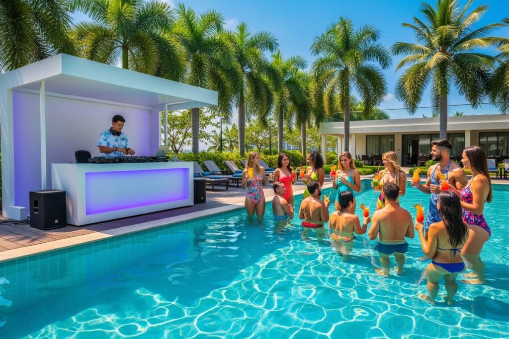 Пул-вечеринка Паттайя — гости у бирюзового бассейна курорта Avani под музыку DJ среди пальм