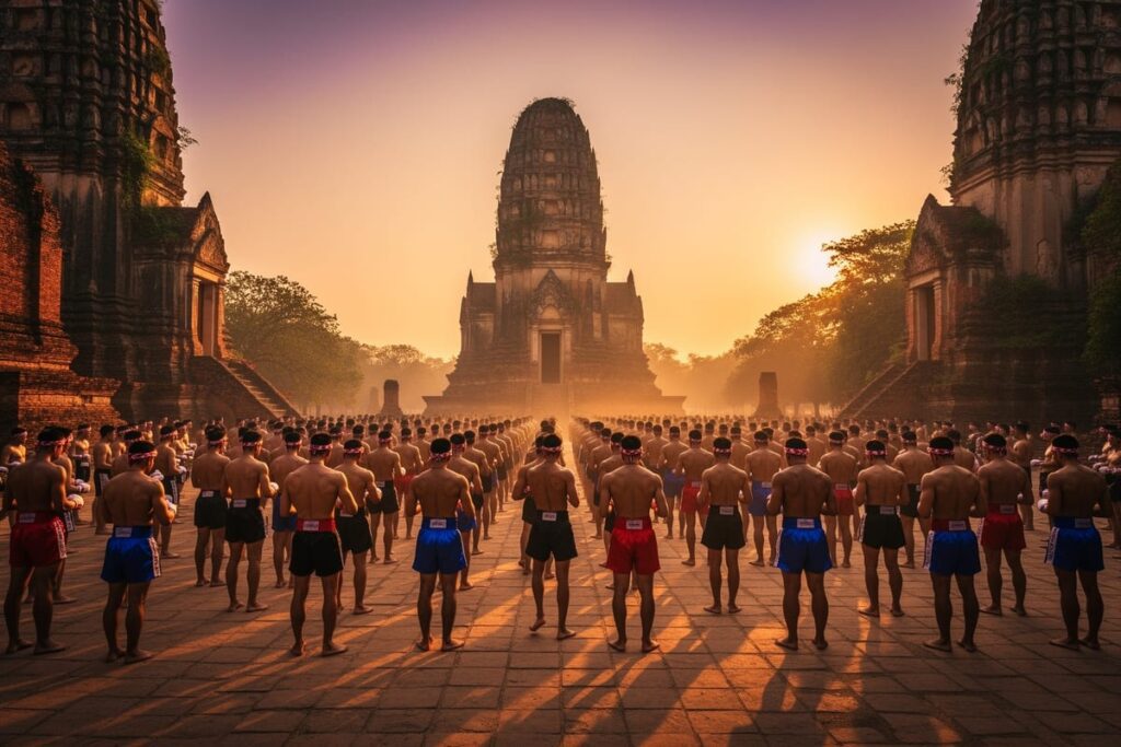 Церемония Вай Кру Муай Тай в Аюттхае — бойцы выполняют ритуал перед руинами Ват Махатхат