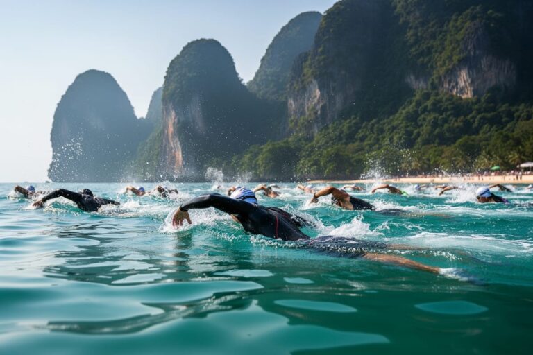 Заплыв в открытой воде Краби — пловцы в Андаманском море на фоне скал провинции Краби, Таиланд
