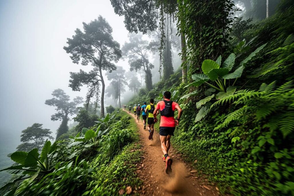 Трейлраннинг в Таиланде 2026 — бегуны на горной тропе через тропические джунгли Бетонга