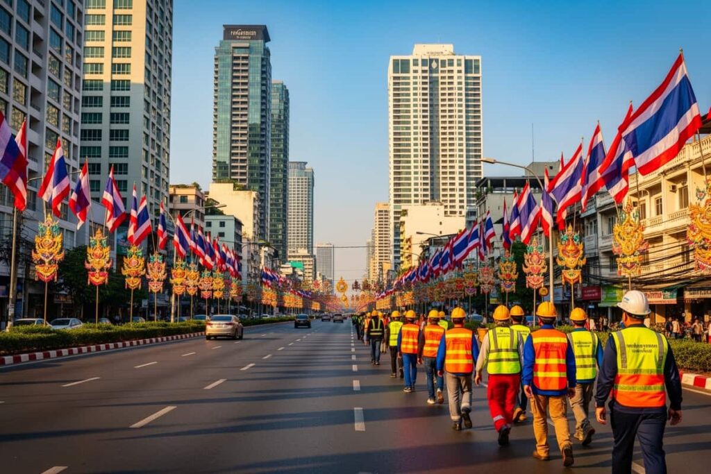 День труда Таиланд 2026 — работники идут по улице Бангкока с флагами в праздничный выходной 1 мая