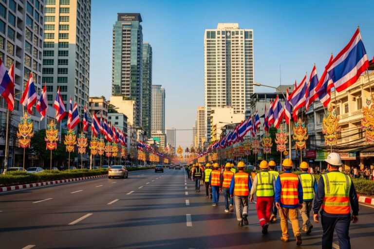 День труда Таиланд 2026 — работники идут по улице Бангкока с флагами в праздничный выходной 1 мая