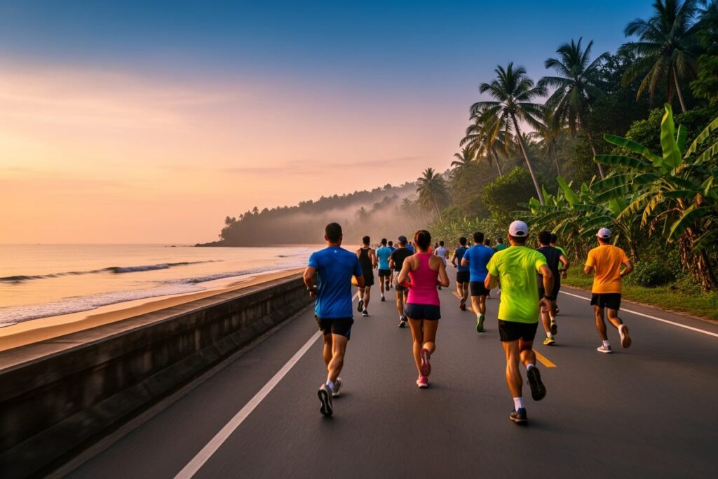 Марафон Сонгкхла 2026 — бегуны на плоской трассе вдоль побережья на юге Таиланда