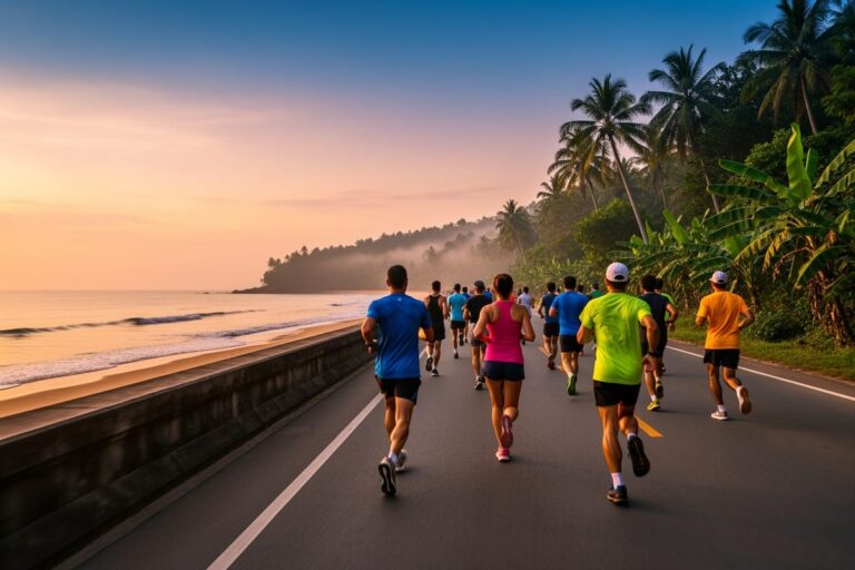 Марафон Сонгкхла 2026 — бегуны на плоской трассе вдоль побережья на юге Таиланда