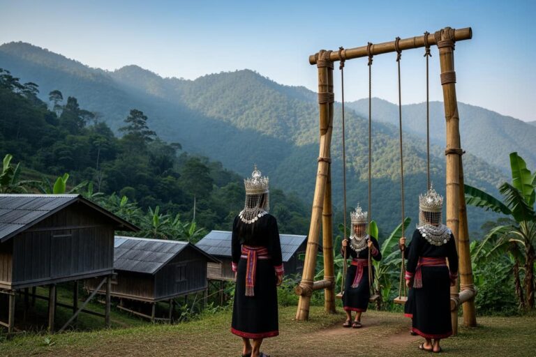 Фестиваль качелей Акха — деревянные качели и женщины в традиционных нарядах в горной деревне Таиланда