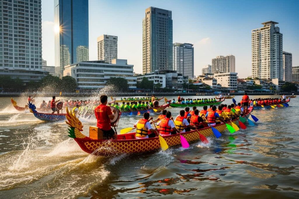 Гонки на лодках-драконах в Бангкоке — команды гребцов на реке Чаупхрая