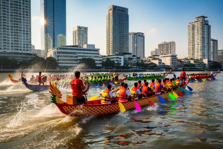 Гонки на лодках-драконах в Бангкоке — команды гребцов на реке Чаупхрая
