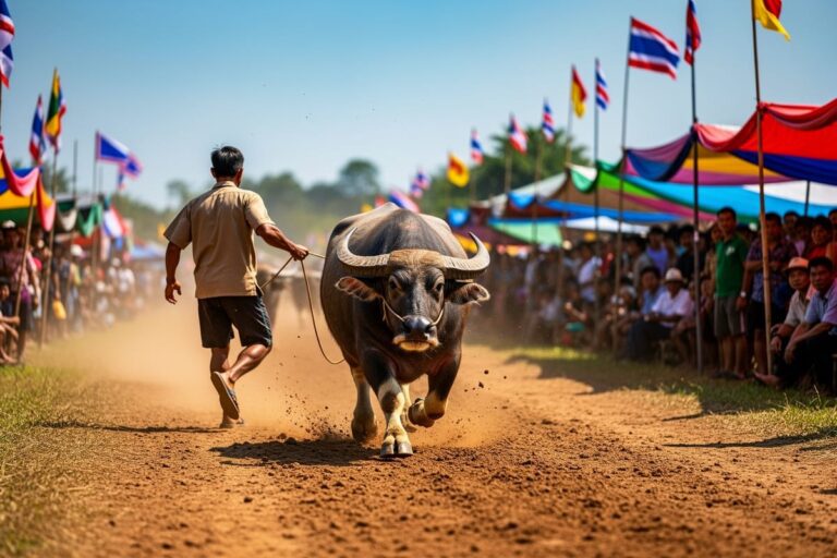 Гонки буйволов Чонбури — фермер с буйволом на грунтовой трассе во время ежегодного фестиваля