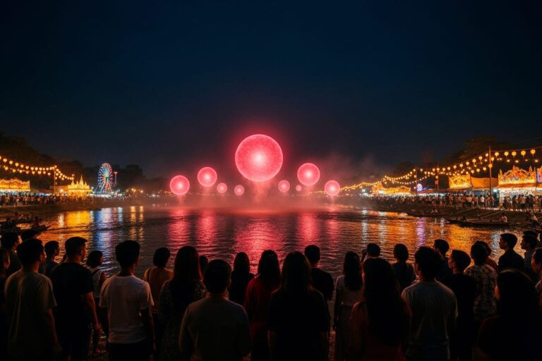 Огненные шары Нага поднимаются из Меконга в ночном небе провинции Нонгкхай, Таиланд