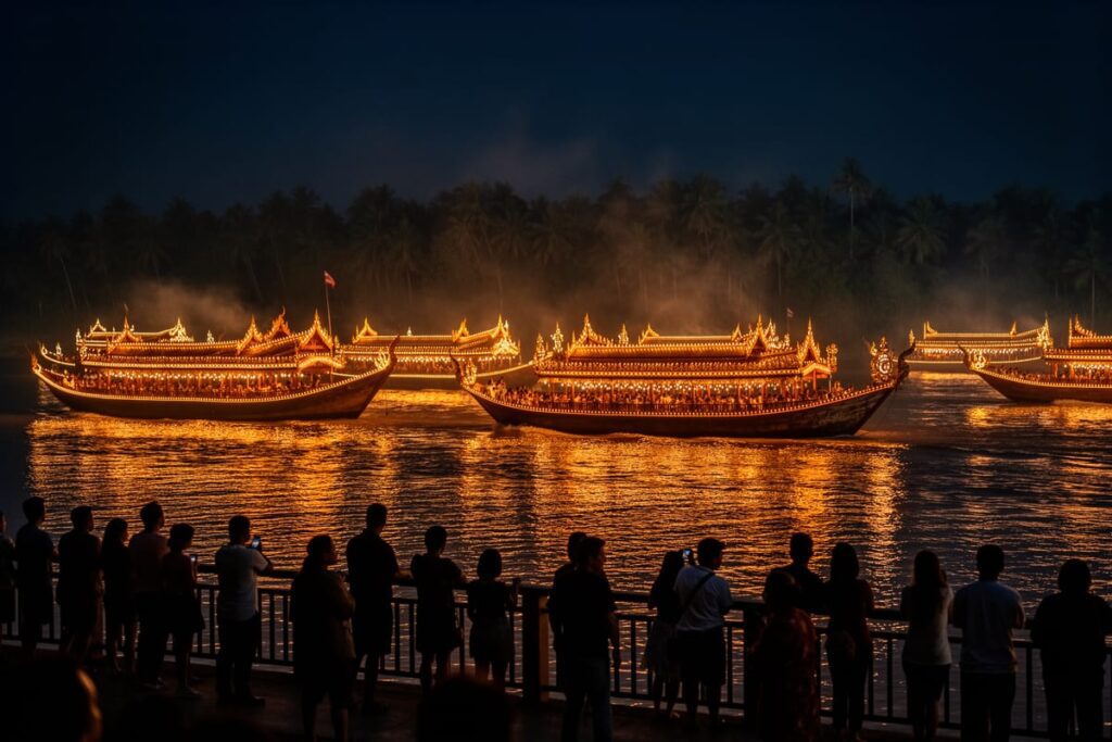 Фестиваль светящихся лодок Накхон Пханом — огненная процессия Lai Ruea Fai на Меконге ночью