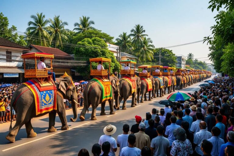 Фестиваль слонов Сурин — парад украшенных слонов по улицам города в провинции Исан, Таиланд