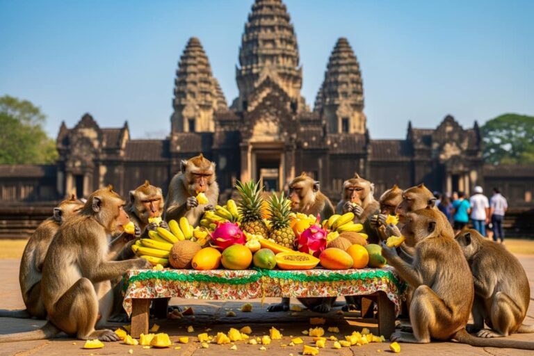 Банкет обезьян Лопбури — макаки едят фрукты перед храмом Пхра Пранг Сам Йот
