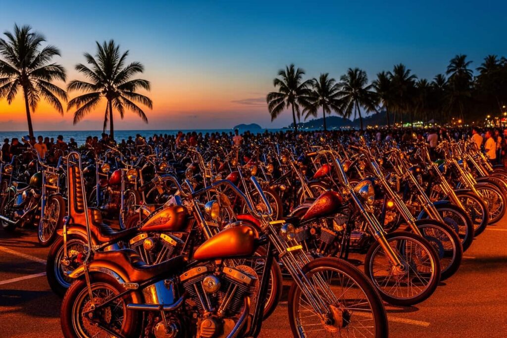 Кастомные мотоциклы на Phuket Bike Week 2026 — байкерский фестиваль на фоне пальм Патонга