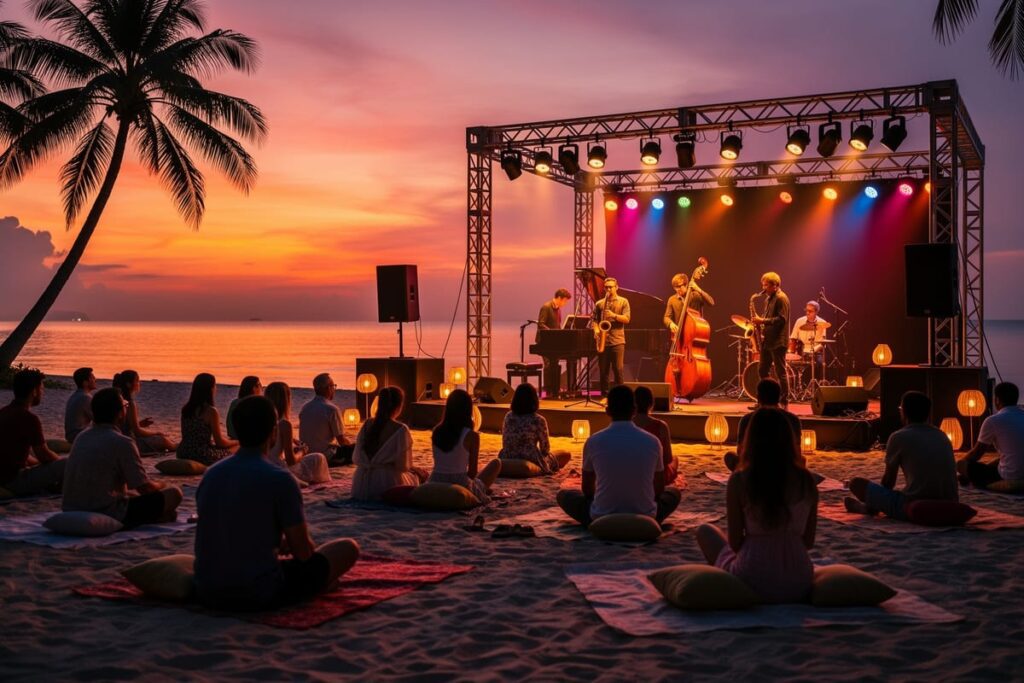 Джазовый фестиваль Хуахин — музыканты на вечерней сцене на пляже у Сиамского залива