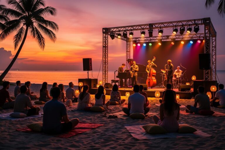 Джазовый фестиваль Хуахин — музыканты на вечерней сцене на пляже у Сиамского залива