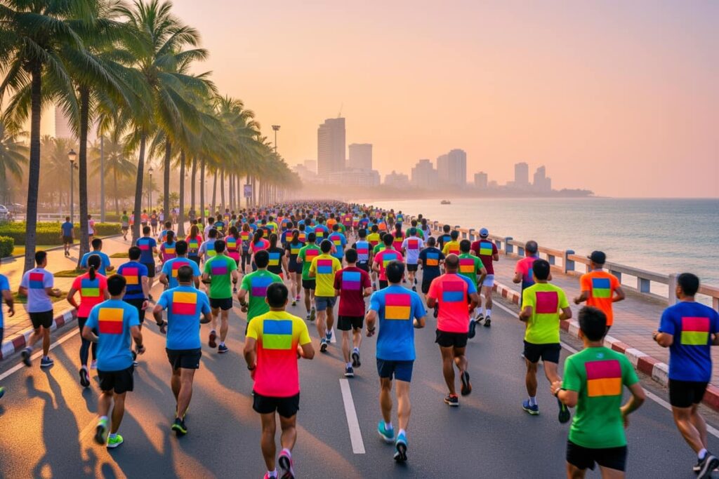Участники марафона в Паттайе бегут по набережной вдоль моря ранним утром