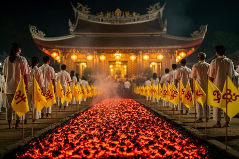 Вегетарианский фестиваль Паттайя — ночная церемония огнехождения у китайского храма в Анг Сила