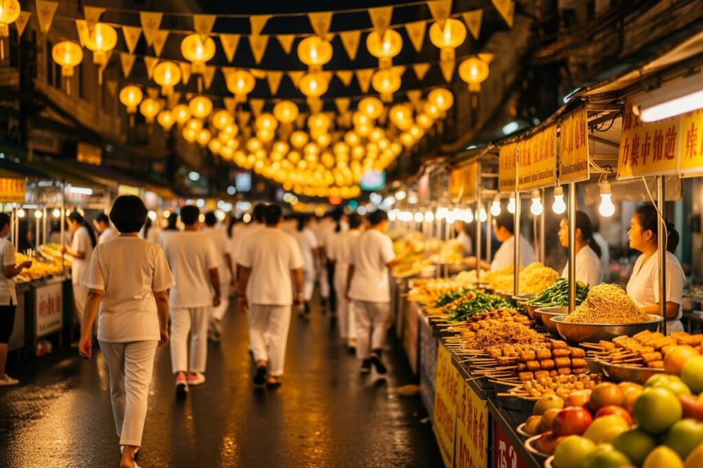 Вегетарианский фестиваль в Бангкоке — уличная еда и жёлтые флаги на Яоварат вечером