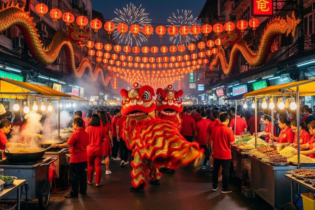Китайский Новый год в Таиланде 2027 — ночная улица Яоварат в Бангкоке с красными фонарями и танцем льва