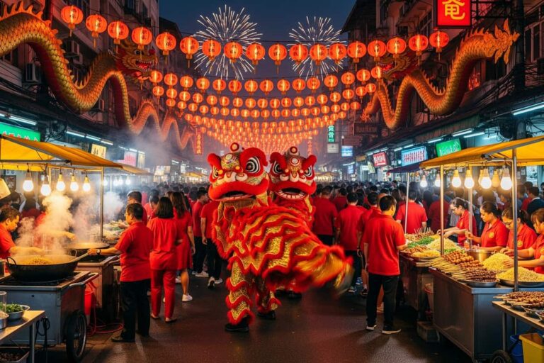 Китайский Новый год в Таиланде 2027 — ночная улица Яоварат в Бангкоке с красными фонарями и танцем льва