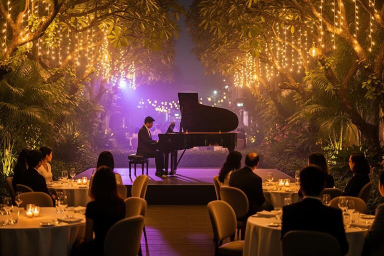 Живая музыка Бангкок — рояль под открытым небом в саду ресторана Sababa вечером среди гирлянд
