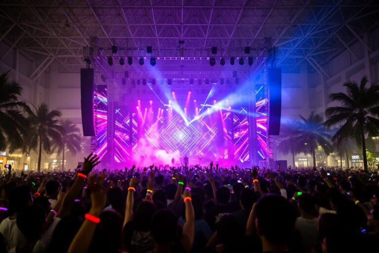 Фестиваль 808 Бангкок — ночная сцена с лазерным шоу и толпой зрителей на EDM-событии в BITEC