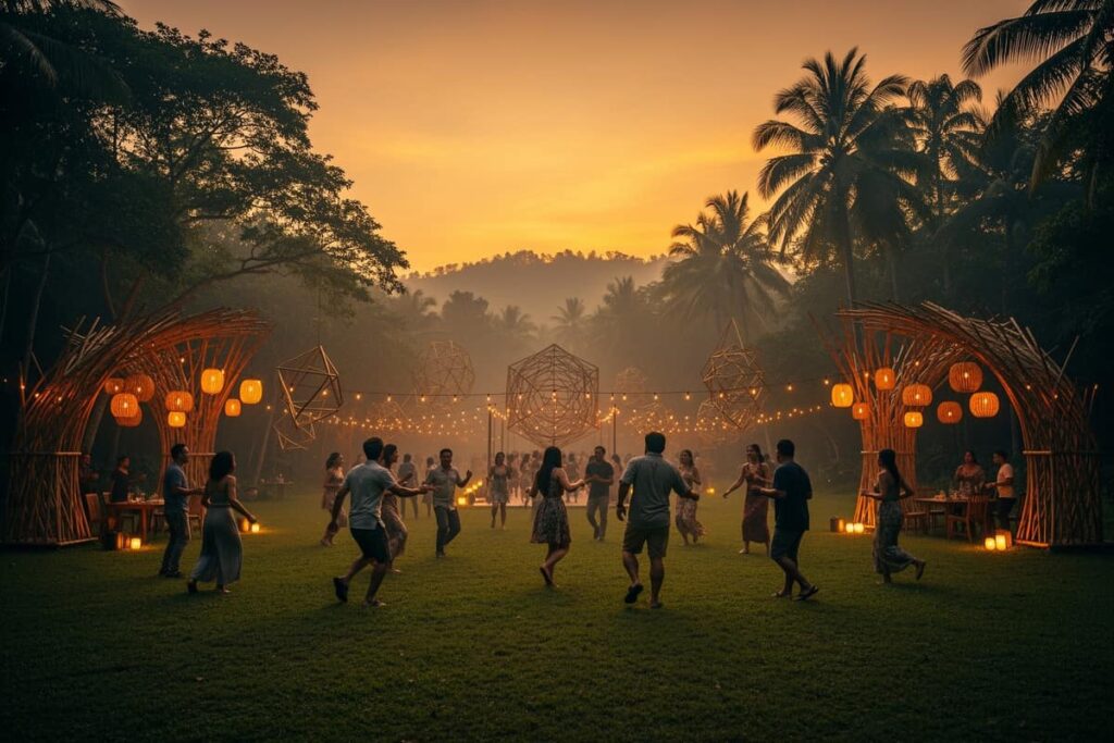 Фестиваль Wonderfruit Таиланд — вечерняя поляна с арт-инсталляциями и танцующими гостями