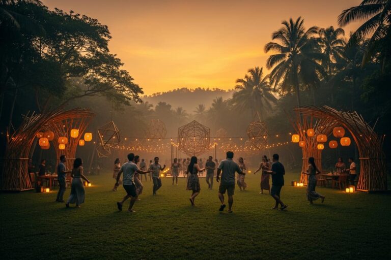 Фестиваль Wonderfruit Таиланд — вечерняя поляна с арт-инсталляциями и танцующими гостями