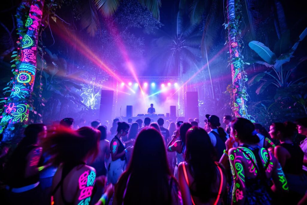 Halfmoon Festival Панган — ночная вечеринка с неоновыми декорациями в джунглях Ко Пангана