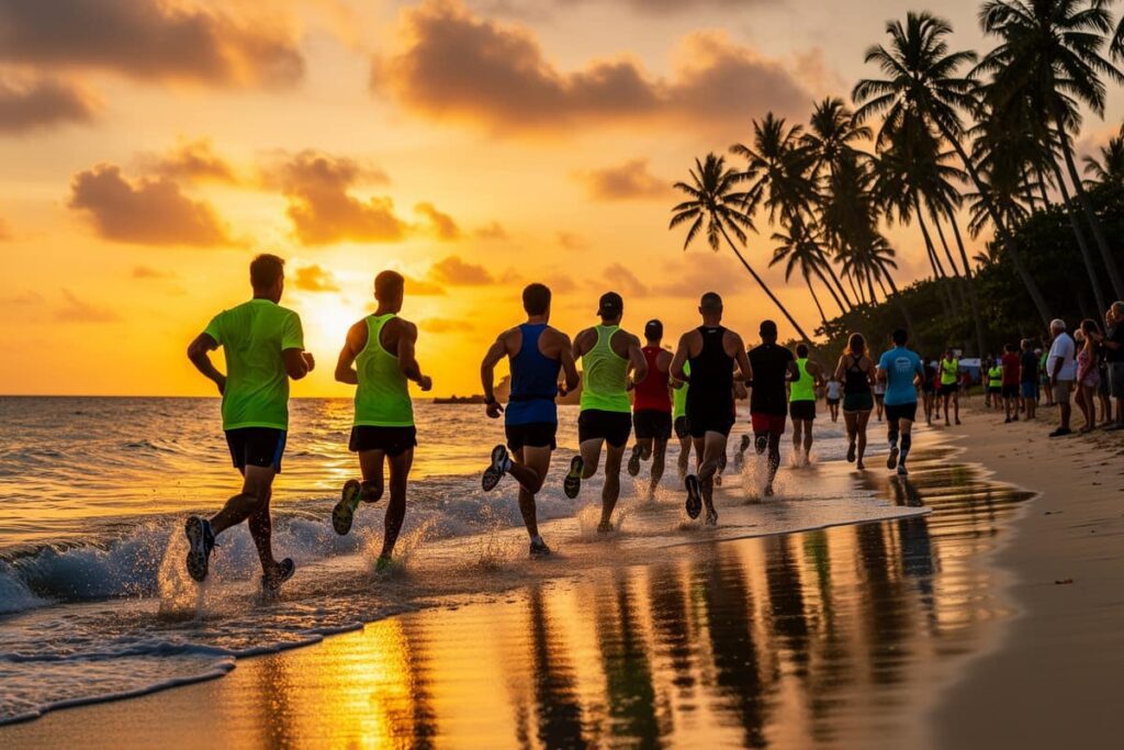 Пляжный забег Пхукет на закате — бегуны на песчаном пляже Бангтао у моря