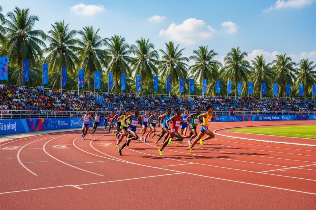 Спортивный чемпионат Паттайя 2026 — бегуны на стадионе в провинции Чонбури среди тропической зелени