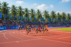 Спортивный чемпионат Паттайя 2026 — бегуны на стадионе в провинции Чонбури среди тропической зелени