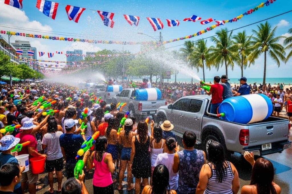 Ван Лай Паттайя 2026 — водные бои на Beach Road во время продолжения Сонгкрана
