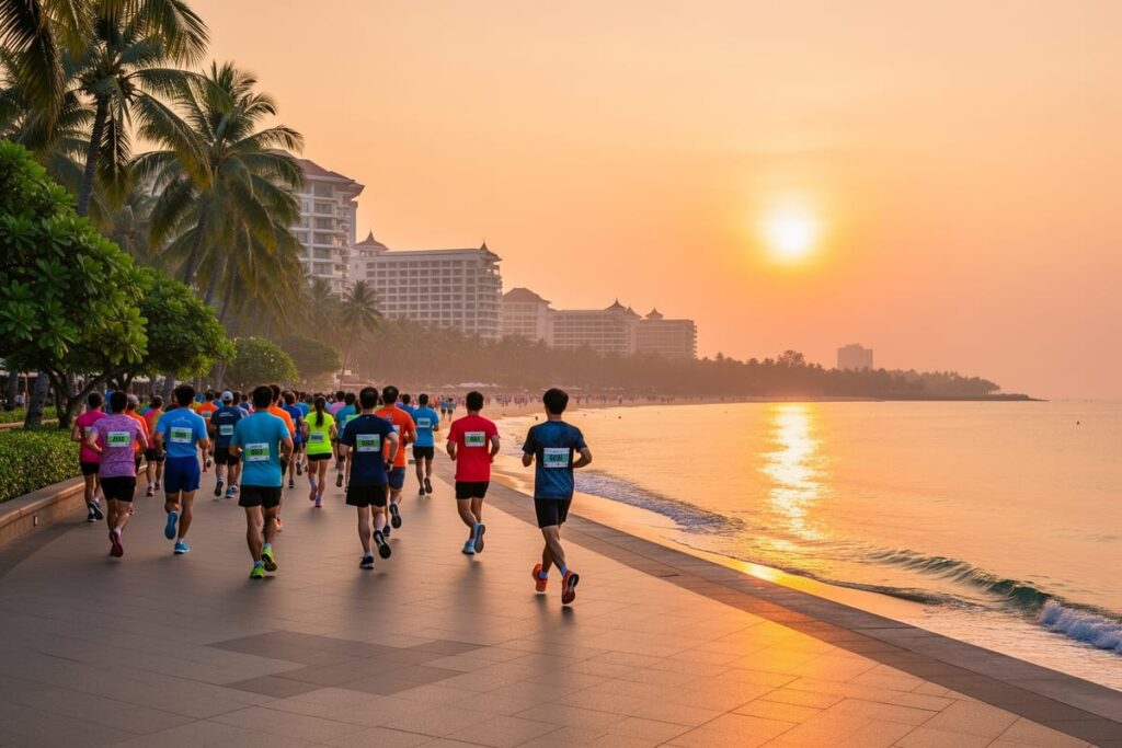 Участники марафона в Хуа Хине бегут вдоль побережья на рассвете среди пальм