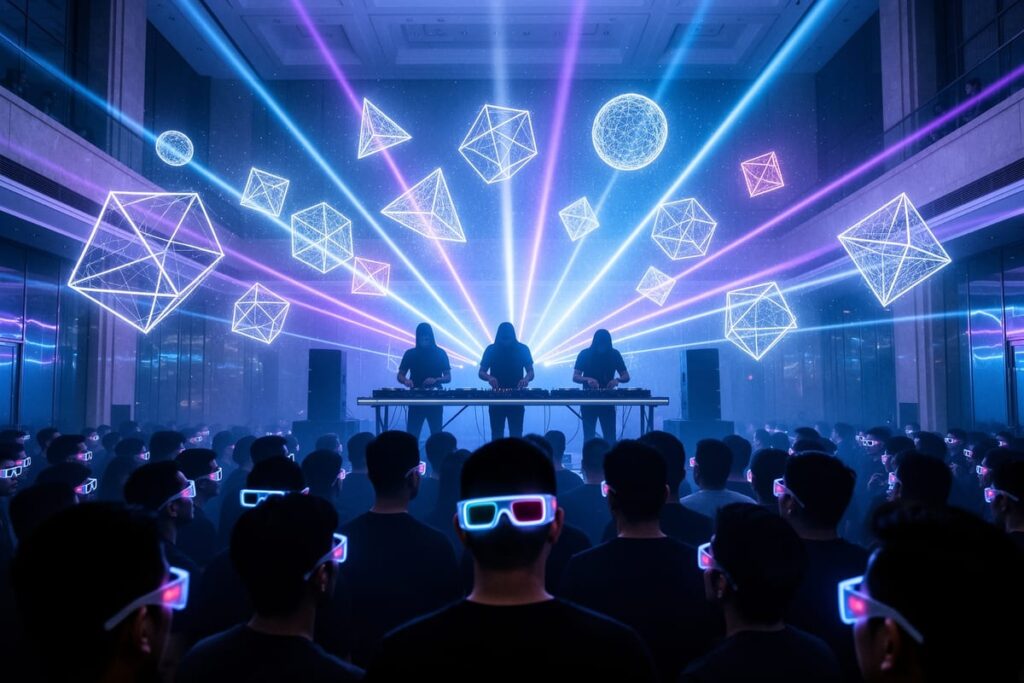 Концерт Kraftwerk в Бангкоке — 3D-шоу с неоновой подсветкой и геометрической графикой на сцене QSNCC