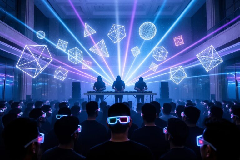 Концерт Kraftwerk в Бангкоке — 3D-шоу с неоновой подсветкой и геометрической графикой на сцене QSNCC