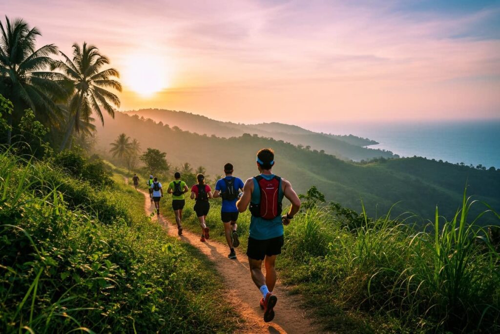 Бегуны на трассе ультрамарафона на Пхукете среди тропических холмов на рассвете