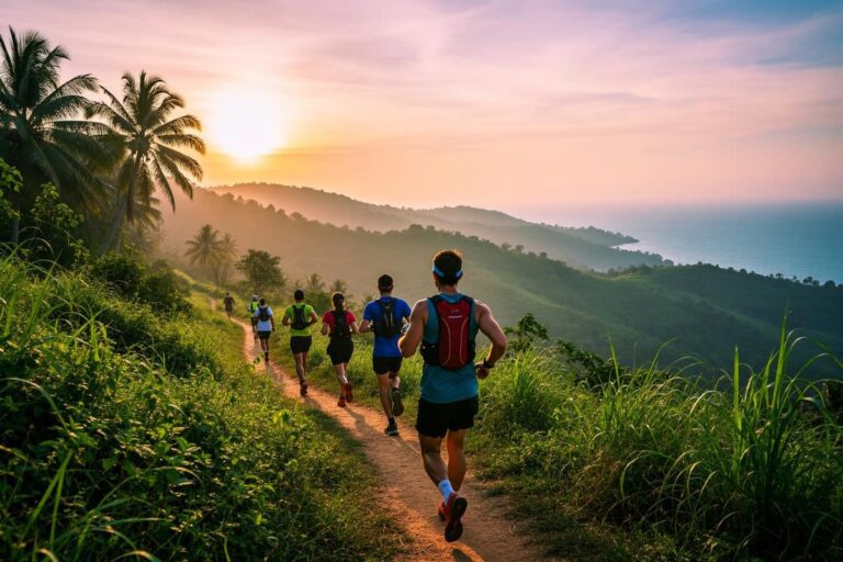 Бегуны на трассе ультрамарафона на Пхукете среди тропических холмов на рассвете