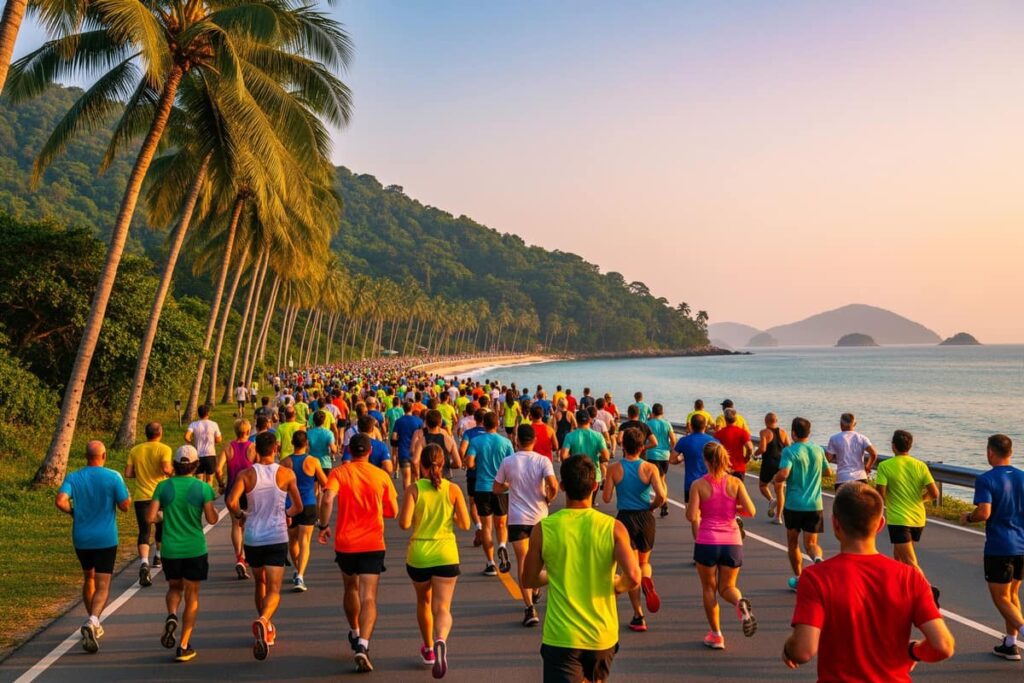 Марафон на Пхукете — бегуны на трассе Laguna Phuket Marathon среди тропической зелени острова