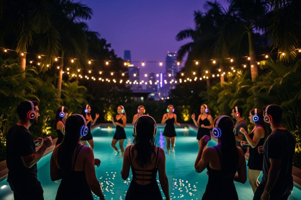 Тихая вечеринка Бангкок — гости в светящихся наушниках танцуют у бассейна House Lagom вечером
