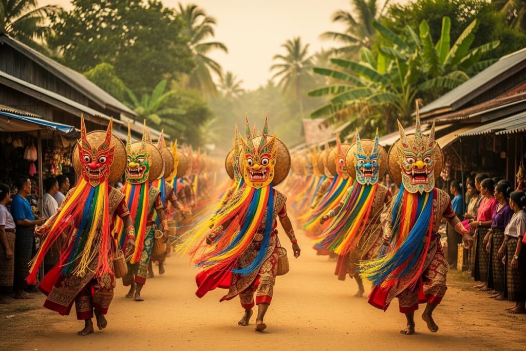 Парад масок на фестивале Пхи Та Кхон в Таиланде — участники в ярких костюмах духов на улицах Дан Саи