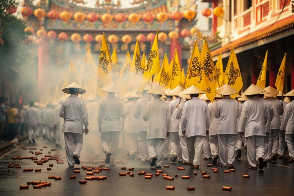 Процессия во время вегетарианского фестиваля Пхукета на улицах Пхукет-тауна среди дыма петард