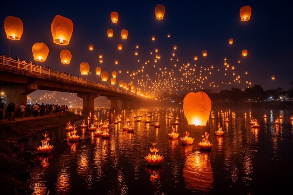 Лой Кратонг и Йи Пенг в Чиангмае — кратонги на реке и небесные фонарики в ночном небе