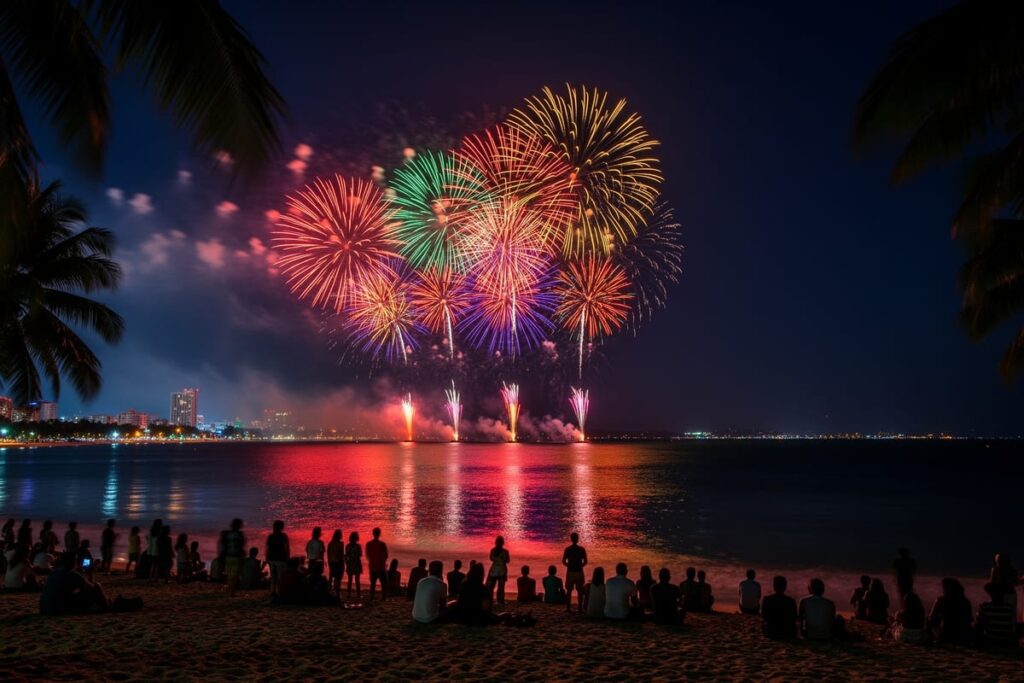 Фестиваль фейерверков в Паттайе — яркие залпы над ночным заливом и зрители на пляже