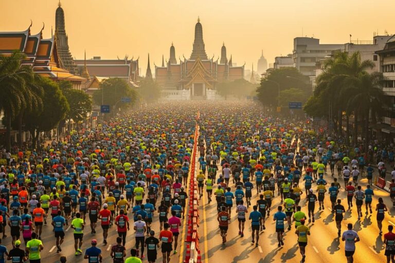 Марафон в Бангкоке — бегуны на маршруте Amazing Thailand Marathon мимо исторических памятников