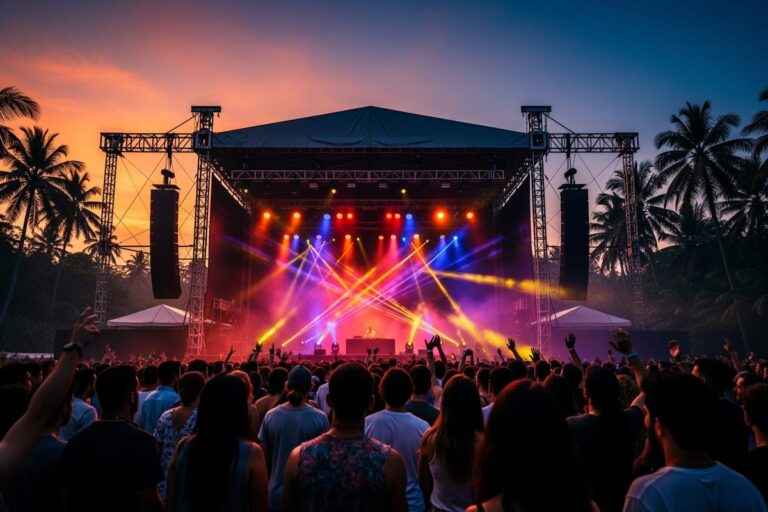 Фестивальная сцена Tomorrowland Thailand 2026 с лазерным шоу и толпой зрителей в Паттайе