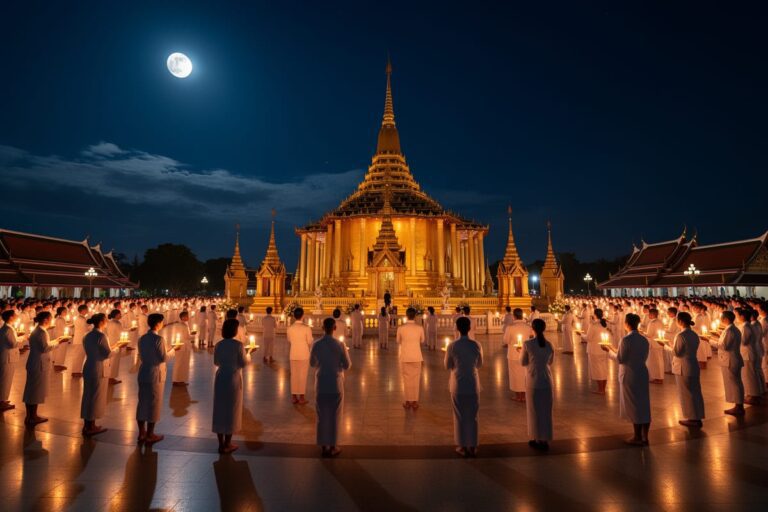 Ночная церемония Wien Tien в честь Маха Буча 2026 у буддийского храма в Таиланде