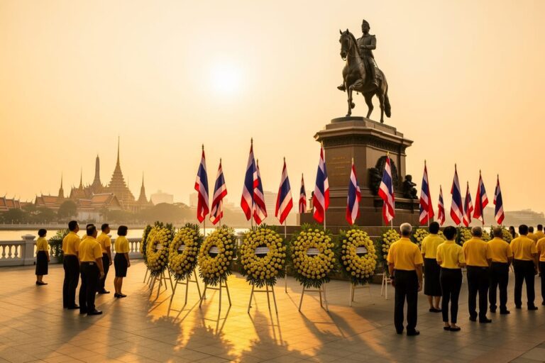 Церемония в честь Дня династии Чакри 2026 у памятника Раме I в Бангкоке с венками и национальными флагами