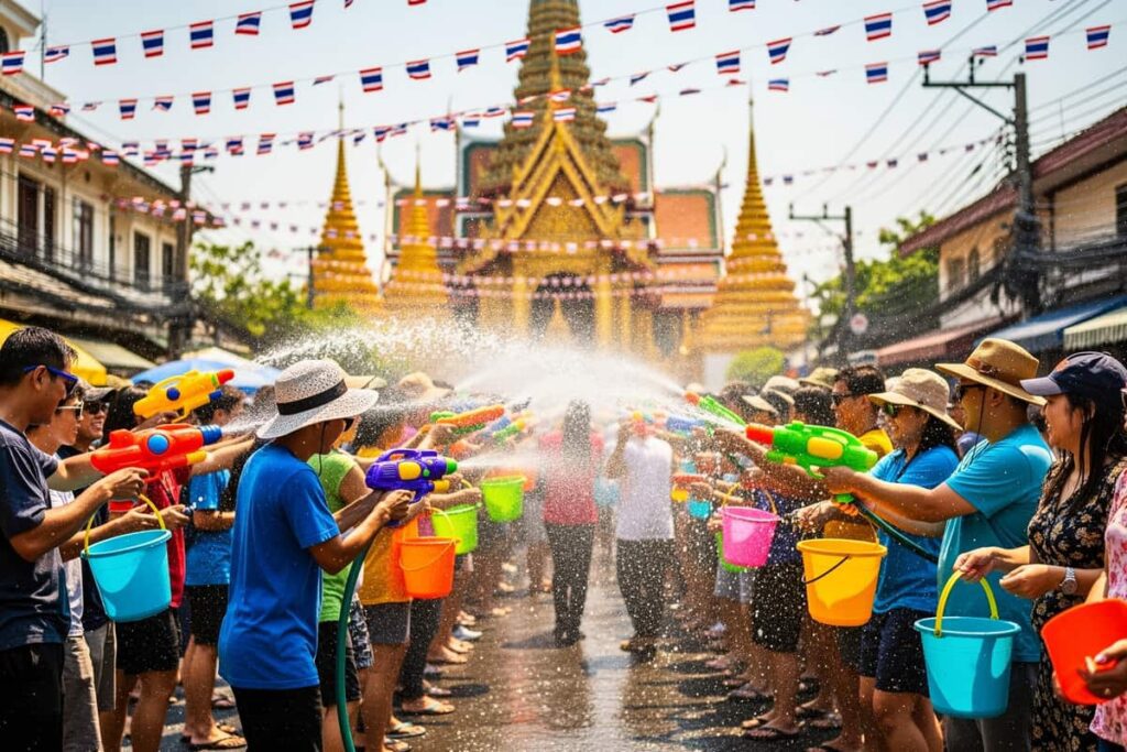 Сонгкран 2026 — люди обливают друг друга водой на улице Бангкока во время тайского Нового года